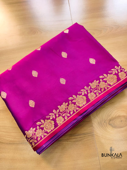 Magenta Pink Buti Weaved Banarasi Mashru Silk Floral Border Saree