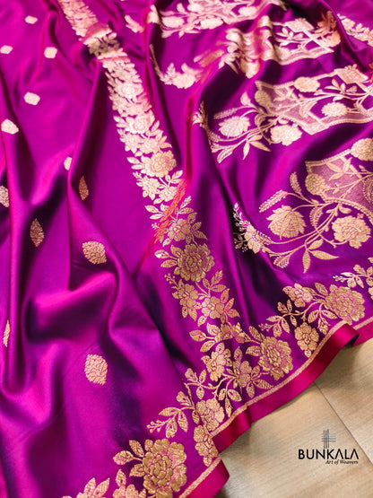 Magenta Pink Buti Weaved Banarasi Mashru Silk Floral Border Saree