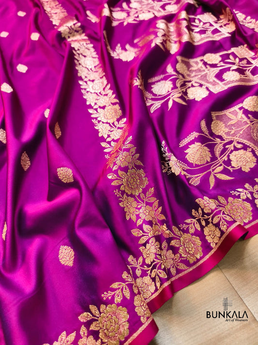 Magenta Pink Buti Weaved Banarasi Mashru Silk Floral Border Saree