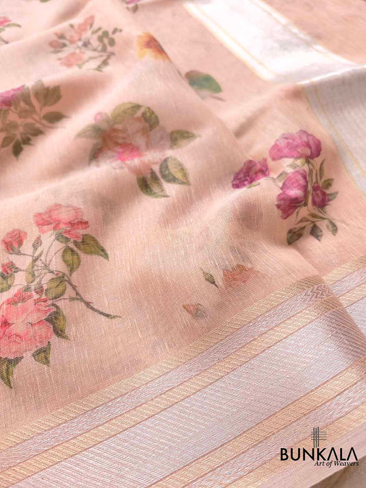 Peach Pink Linen Saree with Digital Floral Print and Zari Border