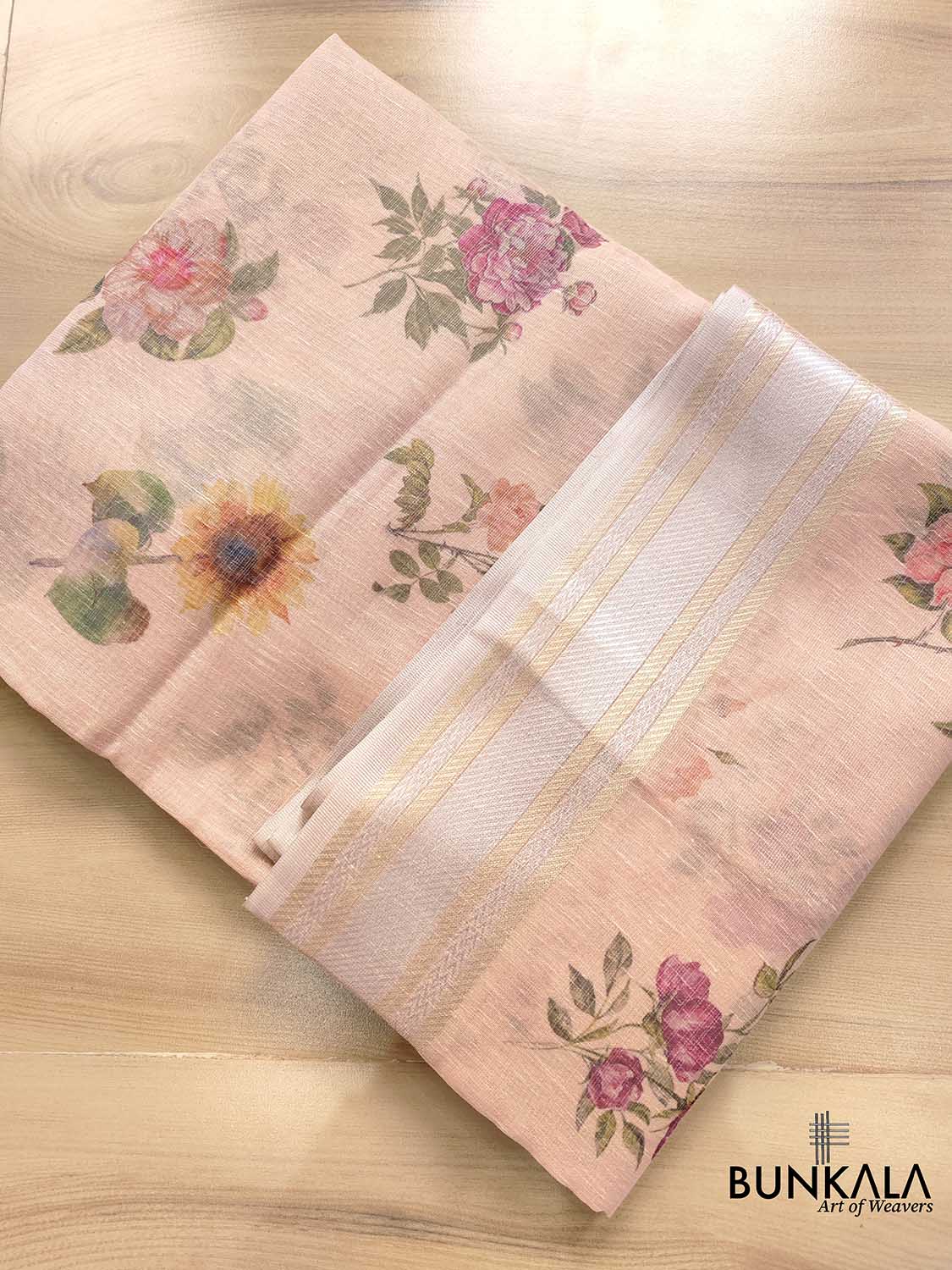 Peach Pink Linen Saree with Digital Floral Print and Zari Border