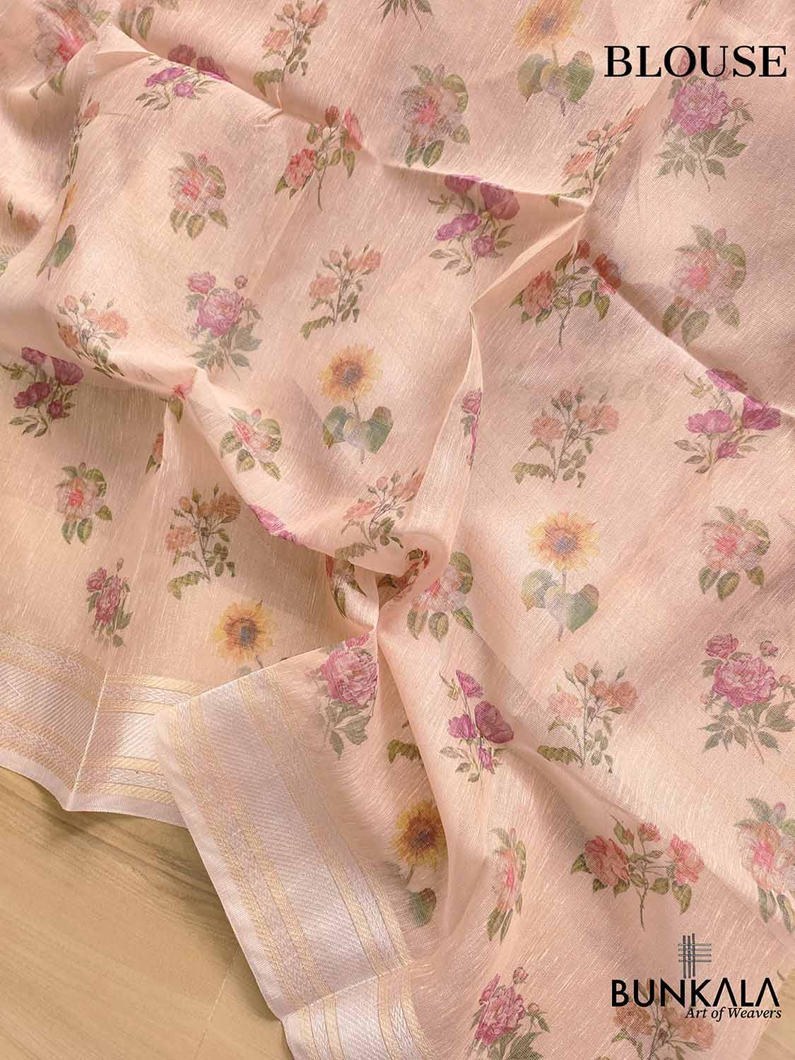 Peach Pink Linen Saree with Digital Floral Print and Zari Border