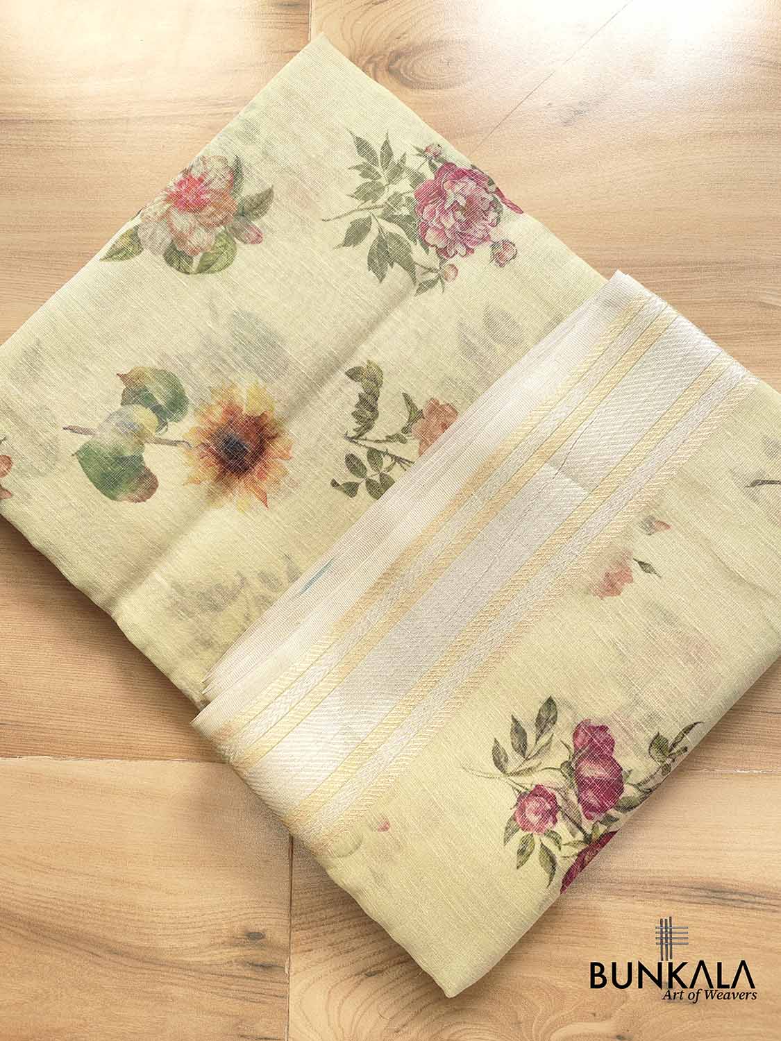 Pista Green Linen Saree with Digital Floral Print and Zari Border
