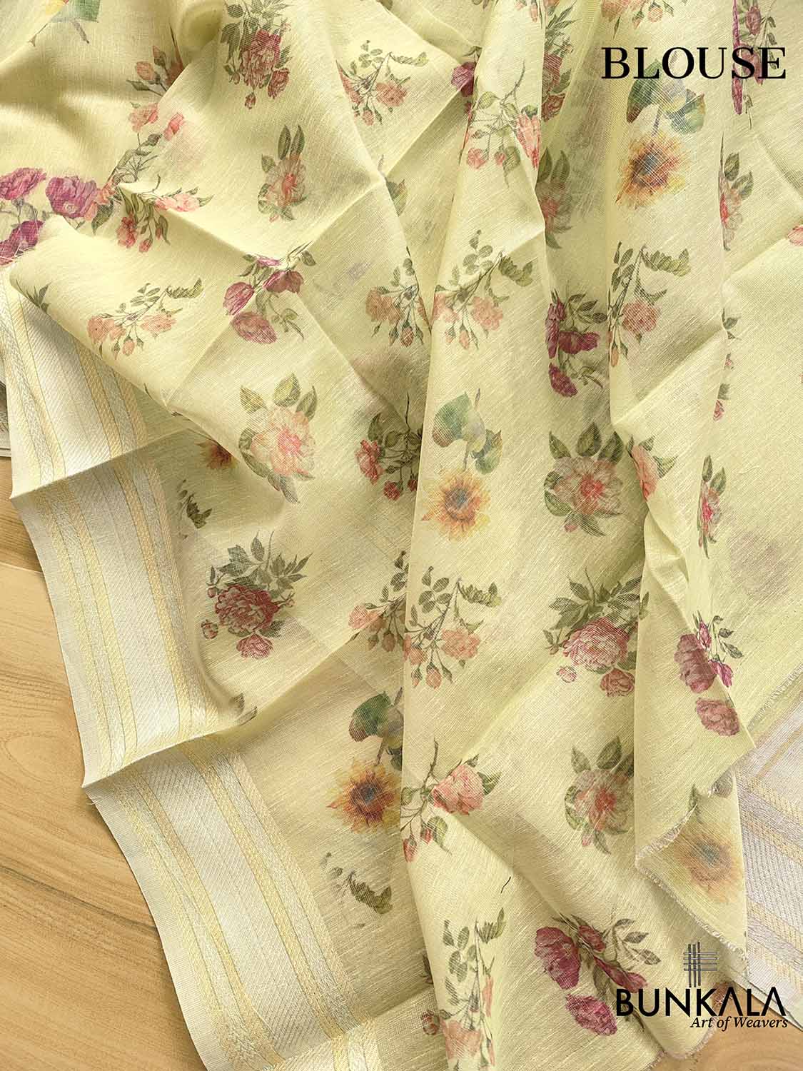 Pista Green Linen Saree with Digital Floral Print and Zari Border