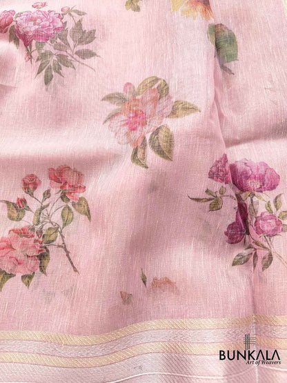 Pink Linen Saree with Digital Floral Print and Zari Border