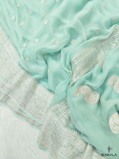 Blue Pure Khaddi Chiffon Banarasi Allover Silver Zari Buti Handloom Saree