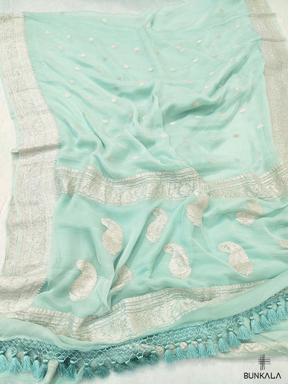 Blue Pure Khaddi Chiffon Banarasi Allover Silver Zari Buti Handloom Saree