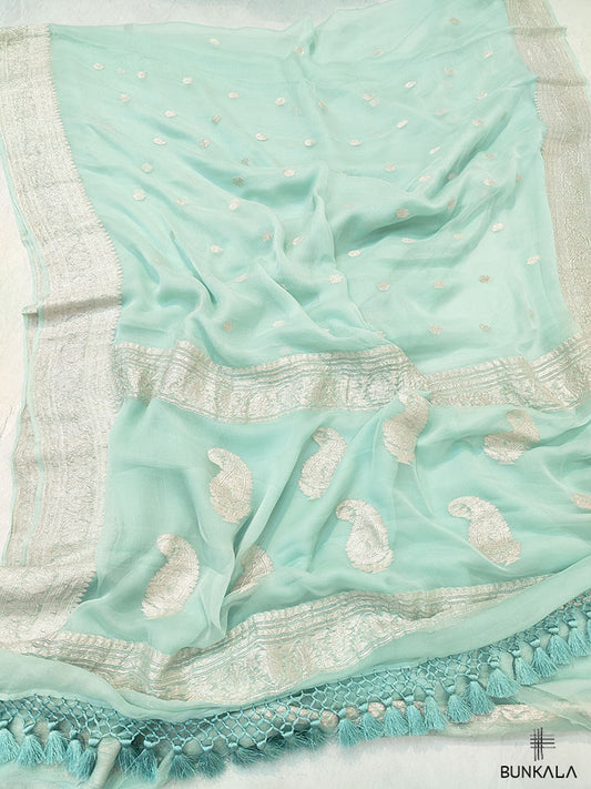 Blue Pure Khaddi Chiffon Banarasi Allover Silver Zari Buti Handloom Saree