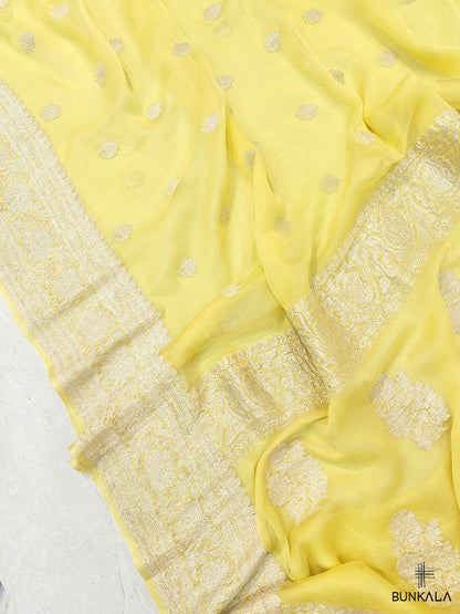 Yellow Pure Khaddi Chiffon Banarasi Allover Silver Zari Buti Handloom Saree