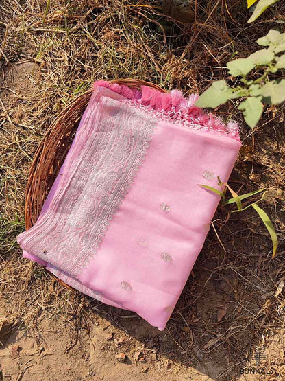 Pink Pure Khaddi Chiffon Banarasi Allover Silver Zari Buti Handloom Saree