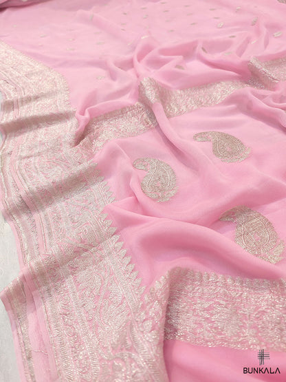 Pink Pure Khaddi Chiffon Banarasi Allover Silver Zari Buti Handloom Saree