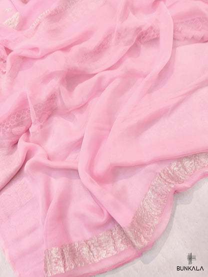 Pink Pure Khaddi Chiffon Banarasi Allover Silver Zari Buti Handloom Saree