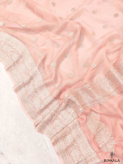 Peach Pure Khaddi Chiffon Banarasi Allover Silver Zari Buti Handloom Saree