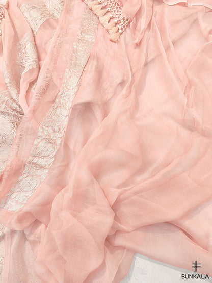 Peach Pure Khaddi Chiffon Banarasi Allover Silver Zari Buti Handloom Saree