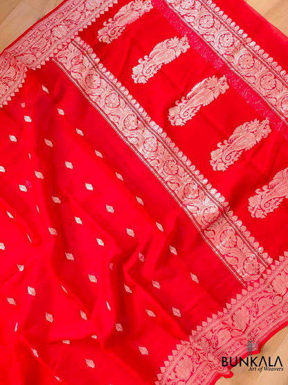Red Banarasi Pure Khaddi Chiffon Allover Silver Zari Buti Handloom Saree