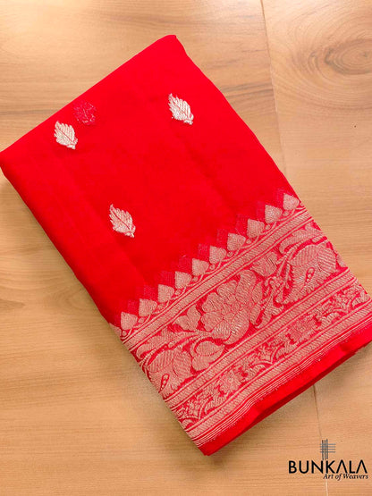 Red Banarasi Pure Khaddi Chiffon Allover Silver Zari Buti Handloom Saree