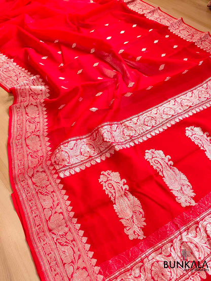 Red Banarasi Pure Khaddi Chiffon Allover Silver Zari Buti Handloom Saree