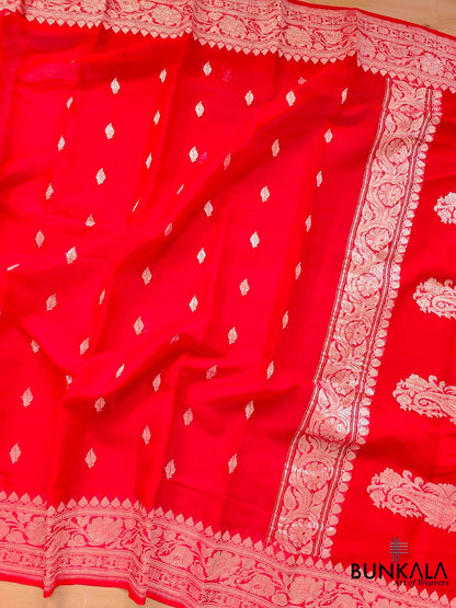Red Banarasi Pure Khaddi Chiffon Allover Silver Zari Buti Handloom Saree