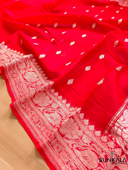 Red Banarasi Pure Khaddi Chiffon Allover Silver Zari Buti Handloom Saree