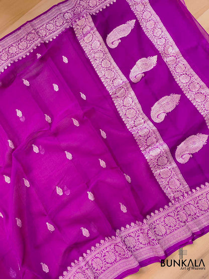 Purple Banarasi Pure Khaddi Chiffon Allover Silver Zari Buti Handloom Saree