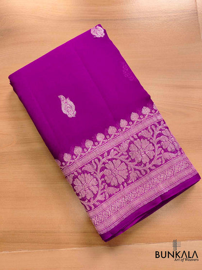 Purple Banarasi Pure Khaddi Chiffon Allover Silver Zari Buti Handloom Saree
