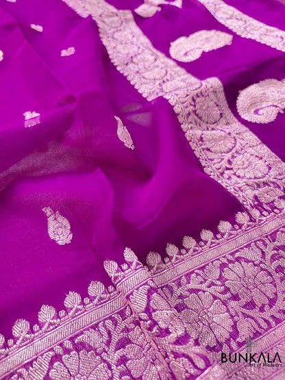 Purple Banarasi Pure Khaddi Chiffon Allover Silver Zari Buti Handloom Saree