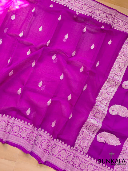 Purple Banarasi Pure Khaddi Chiffon Allover Silver Zari Buti Handloom Saree