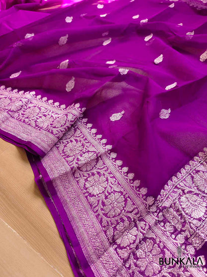 Purple Banarasi Pure Khaddi Chiffon Allover Silver Zari Buti Handloom Saree