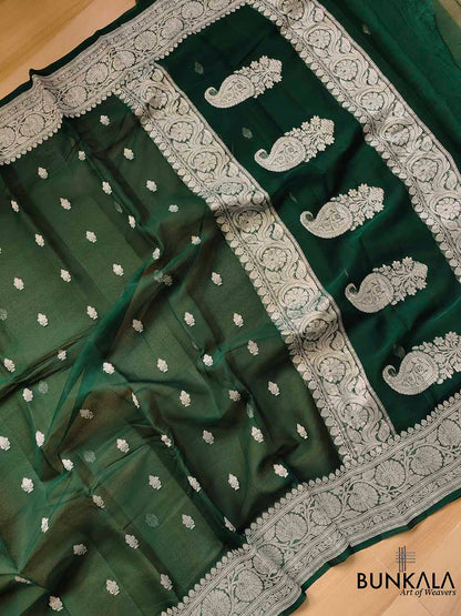 Green Banarasi Pure Khaddi Chiffon Allover Silver Zari Buti Handloom Saree