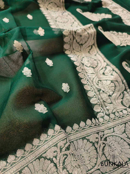 Green Banarasi Pure Khaddi Chiffon Allover Silver Zari Buti Handloom Saree