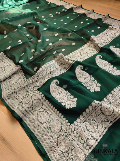 Green Banarasi Pure Khaddi Chiffon Allover Silver Zari Buti Handloom Saree