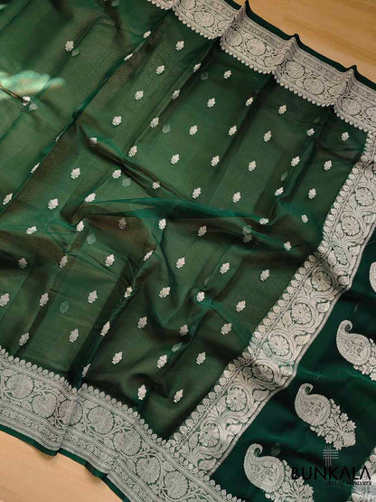 Green Banarasi Pure Khaddi Chiffon Allover Silver Zari Buti Handloom Saree
