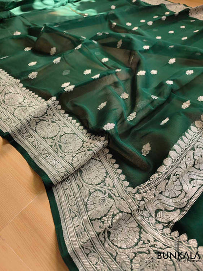 Green Banarasi Pure Khaddi Chiffon Allover Silver Zari Buti Handloom Saree