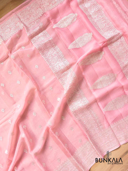 Pink Banarasi Pure Khaddi Chiffon Allover Silver Zari Buti Handloom Saree