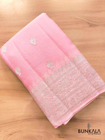 Pink Banarasi Pure Khaddi Chiffon Allover Silver Zari Buti Handloom Saree