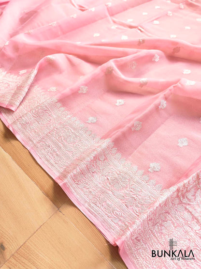 Pink Banarasi Pure Khaddi Chiffon Allover Silver Zari Buti Handloom Saree