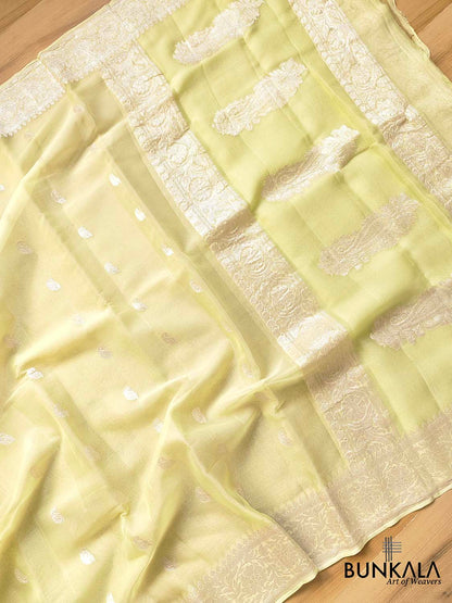Pista Green Banarasi Pure Khaddi Chiffon Allover Silver Zari Buti Handloom Saree