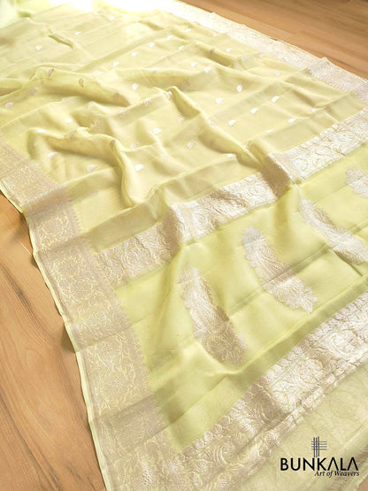 Pista Green Banarasi Pure Khaddi Chiffon Allover Silver Zari Buti Handloom Saree
