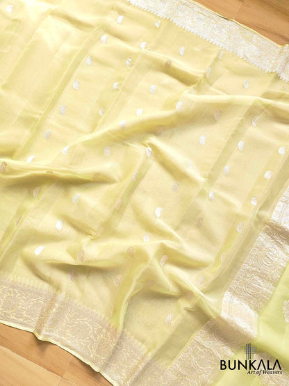 Pista Green Banarasi Pure Khaddi Chiffon Allover Silver Zari Buti Handloom Saree