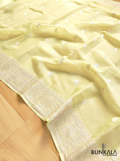 Pista Green Banarasi Pure Khaddi Chiffon Allover Silver Zari Buti Handloom Saree