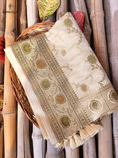 Off White Mashru Silk Meenakari Jaal Design Weaved Banarasi Saree
