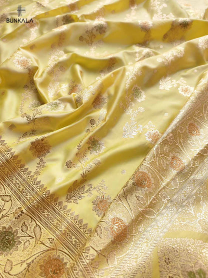 Yellow Mashru Silk Meenakari Jaal Design Weaved Banarasi Saree