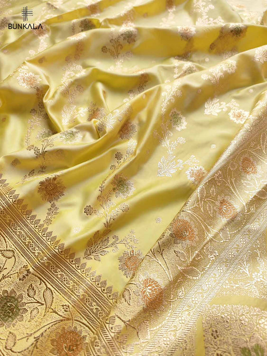 Yellow Mashru Silk Meenakari Jaal Design Weaved Banarasi Saree