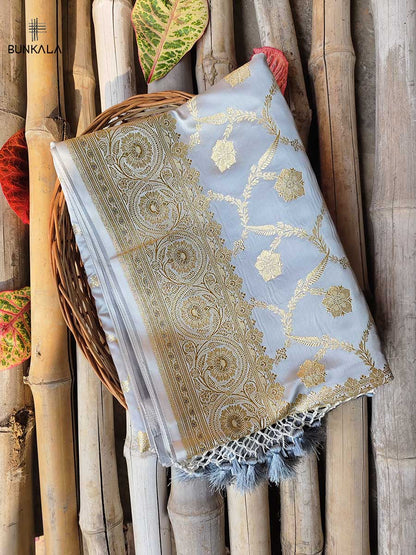 Grey Mashru Silk Jaal Design Weaved Banarasi Saree