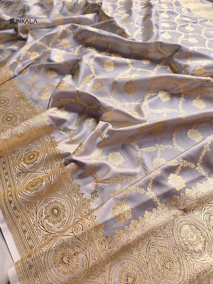 Grey Mashru Silk Jaal Design Weaved Banarasi Saree