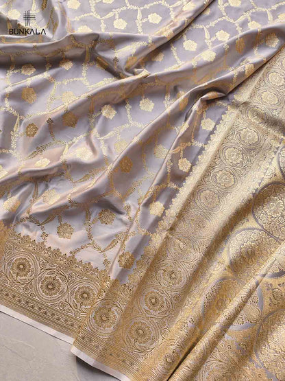 Grey Mashru Silk Jaal Design Weaved Banarasi Saree