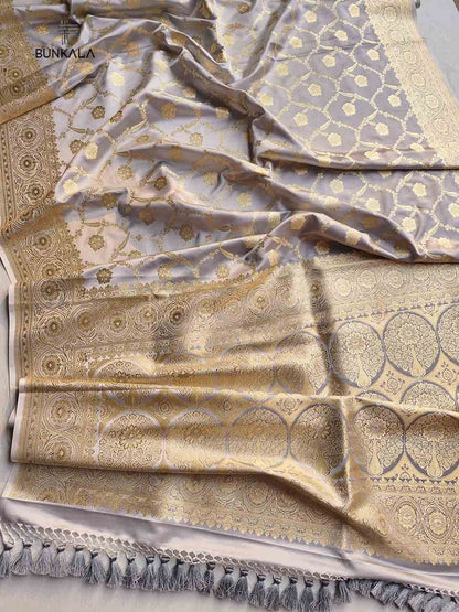 Grey Mashru Silk Jaal Design Weaved Banarasi Saree
