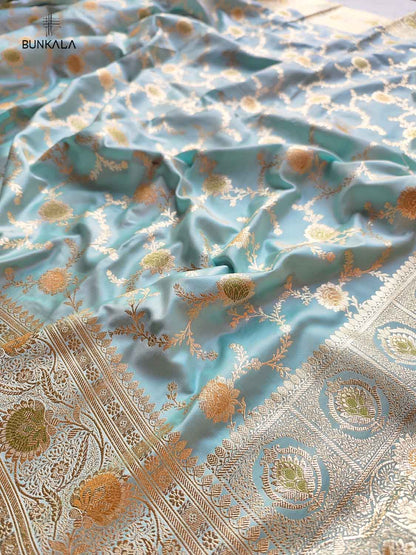 Blue Mashru Silk Meenakari Jaal Design Weaved Banarasi Saree