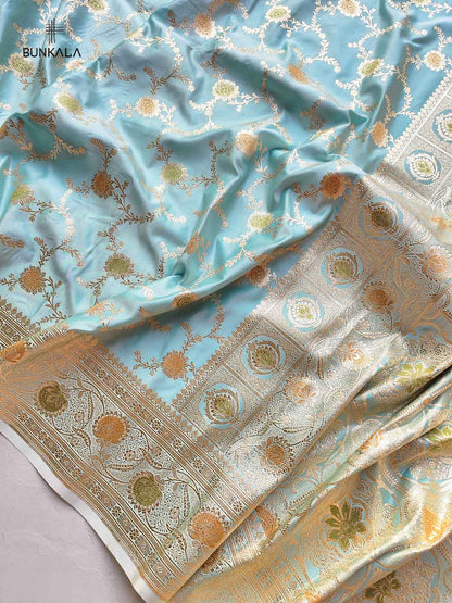 Blue Mashru Silk Meenakari Jaal Design Weaved Banarasi Saree