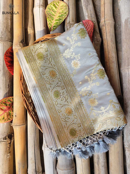 Grey Mashru Silk Meenakari Jaal Design Weaved Banarasi Saree